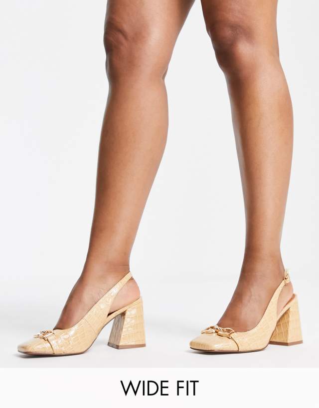 ASOS DESIGN Wide Fit Stable snaffle detail slingback heeled shoes in camel