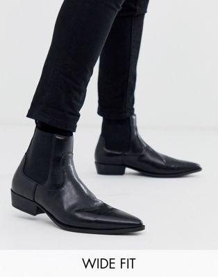 ASOS DESIGN Wide Fit stacked heel western boots in black faux leather ...
