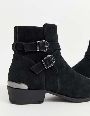 asos design cuban heel western chelsea boots in black leather with buckle detail