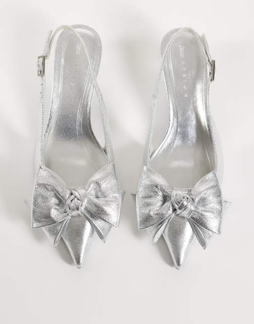 ASOS DESIGN Wide Fit Stardust bow detail slingback kitten heels in silver, 2 of 4