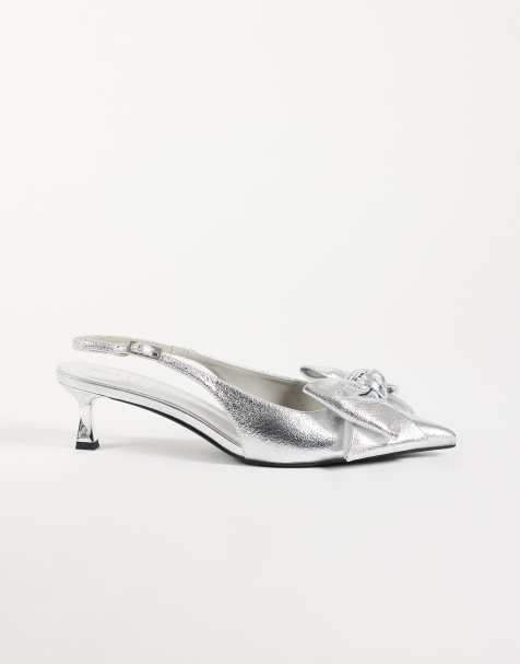 ASOS DESIGN Wide Fit Stardust Slingback-Kitten-Heels mit Schleifendetail in Silber - view 1