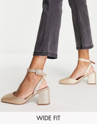 ASOS DESIGN Wide Fit Stelle block heeled mid shoes in glitter