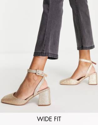 ASOS DESIGN Wide Fit Stelle block heeled mid shoes in glitter