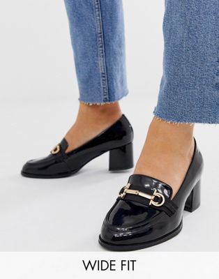 ASOS DESIGN Wide Fit Stirrup mid-heeled loafers in black patent