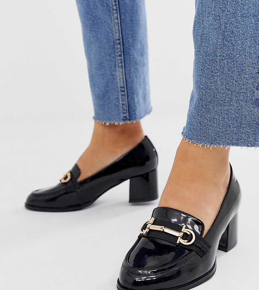 ASOS DESIGN Wide Fit Stirrup mid-heeled loafers in black patent