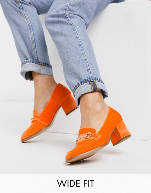 ASOS DESIGN Wide Fit Stirrup mid-heeled loafers in orange velvet
