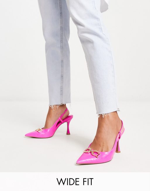 ASOS DESIGN Wide Fit – Stockholm – Neonoworóżowe buty na średnim obcasie z wędzidełkiem 