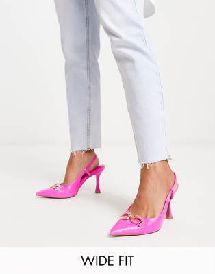 ASOS DESIGN Wide Fit - Stockholm - Schuhe in Kroko-Neonrosa mit Trensen-Verzierung und mittelhohem Absatz