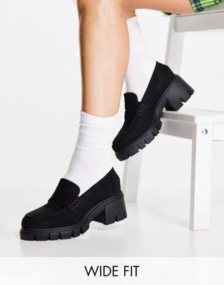 ASOS DESIGN Wide Fit Storm chunky mid heeled loafers in black - ASOS Price Checker