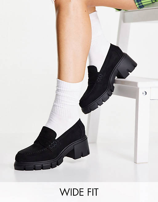 ASOS DESIGN Wide Fit Storm chunky mid heeled loafers in black