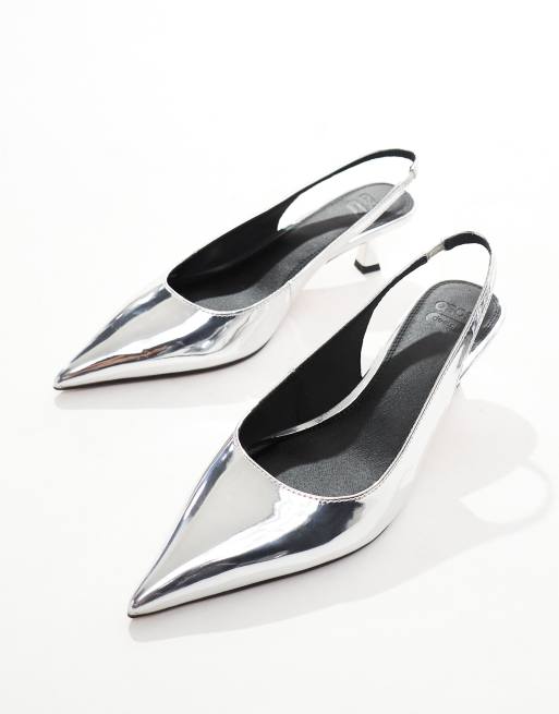ASOS DESIGN Wide Fit Stroll slingback kitten heeled shoes in silver - SILVER, 4 of 4