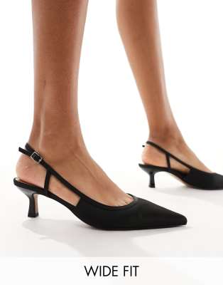 Asos Design Wide Fit Strut Slingback Kitten Heeled Shoes In Black