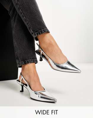 ASOS DESIGN Wide Fit Strut slingback kitten heeled shoes in silver ASOS