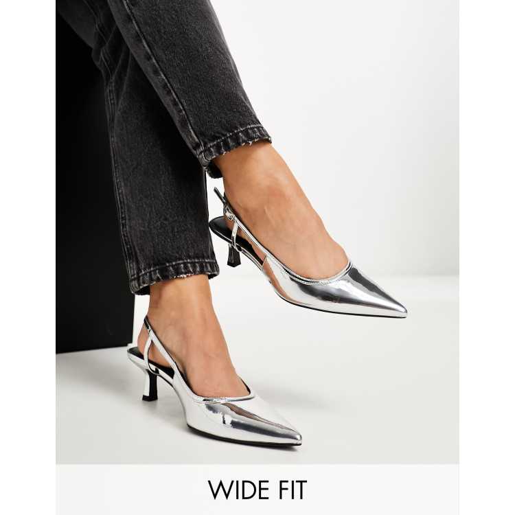 ASOS DESIGN Wide Fit Strut slingback kitten heeled shoes in silver ASOS