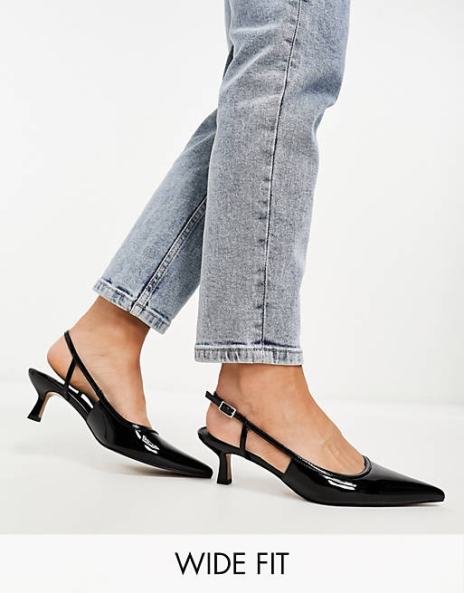 ASOS DESIGN Wide Fit Strut slingback mid heeled shoes black patent | ASOS