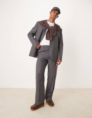 ASOS DESIGN wide fit suit trousers in charcoal pin stripe-Grey