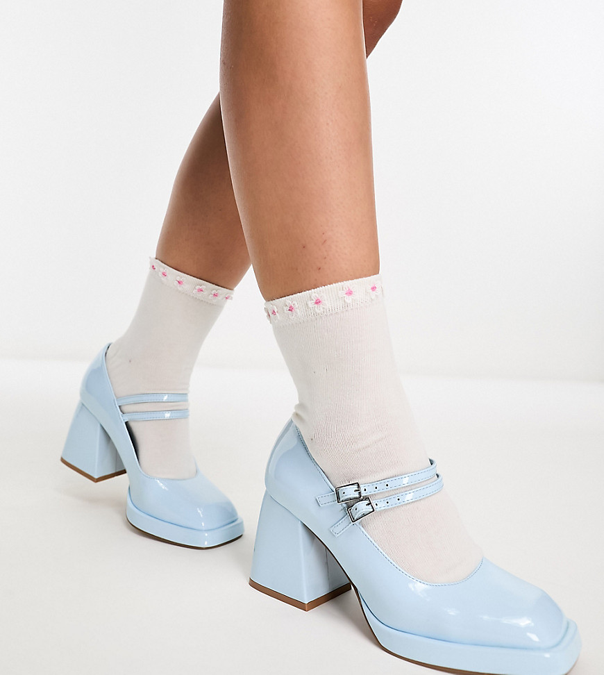 Asos Design Wide Fit Sully Platform Mary Jane Mid Shoes In Baby Blue