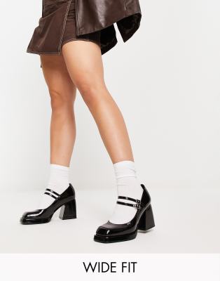 ASOS DESIGN ASOS DESIGN Wide Fit Sully platform mary jane mid shoes in black patent