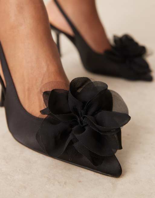 ASOS DESIGN Wide Fit Sunrise corsage slingback mid heeled shoes in black, 2 of 4