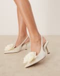 [ASOS DESIGN Wide Fit] ASOS DESIGN Wide Fit Sunrise corsage slingback mid heeled shoes in ivory-White 2 Ivory Satin