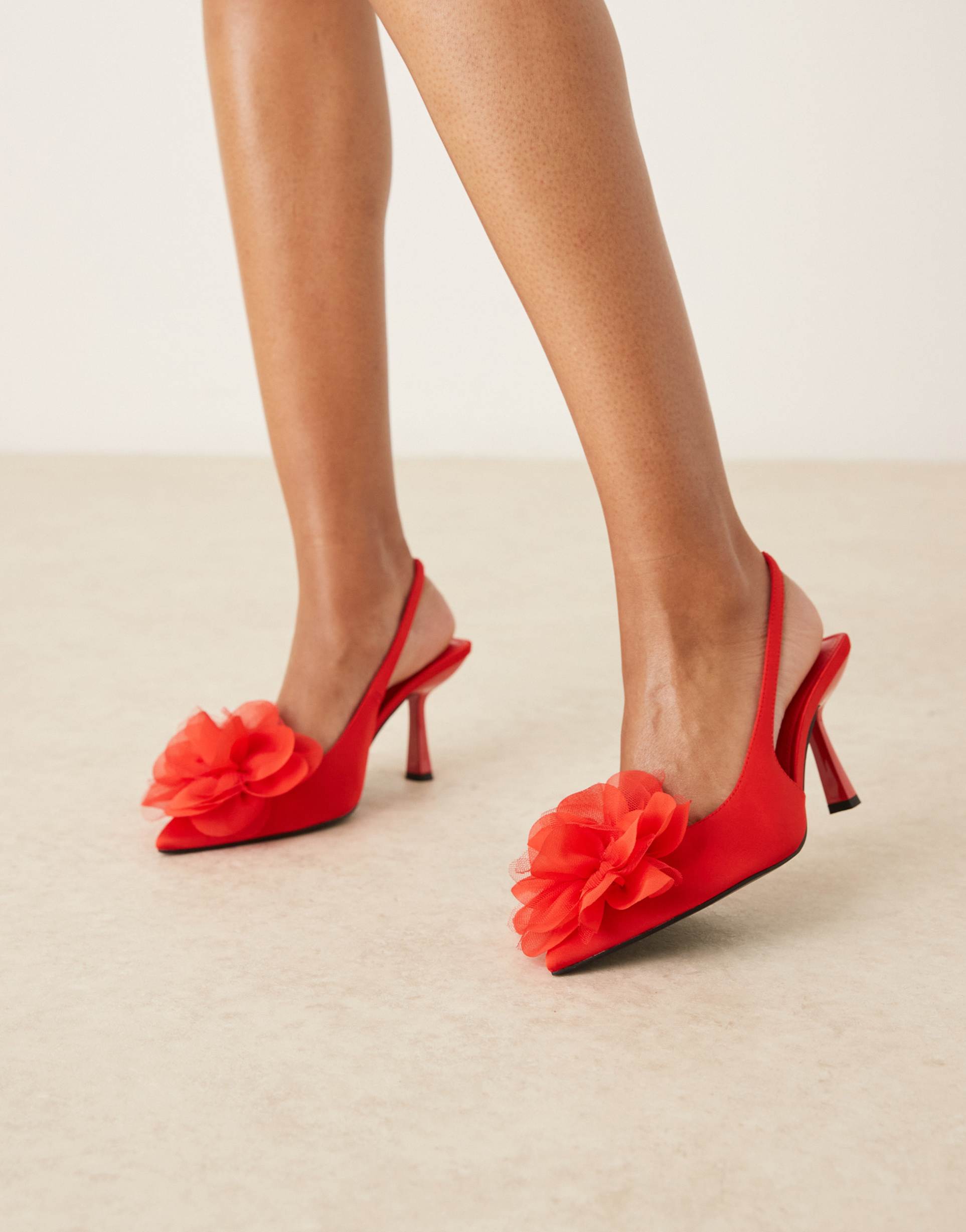 asos design wide fit sunrise corsage slingback mid heeled shoes in red