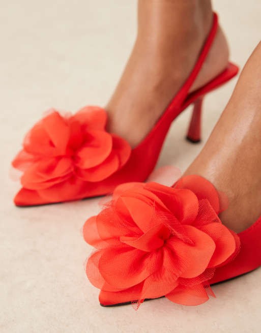 ASOS DESIGN Wide Fit Sunrise corsage slingback mid heeled shoes in red, 3 of 4