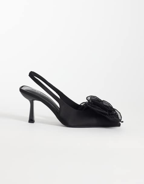 ASOS DESIGN Wide Fit – Sunset – Czarne satynowe buty na średnim obcasie z paskiem za piętą i dużym bukiecikiem - view 1