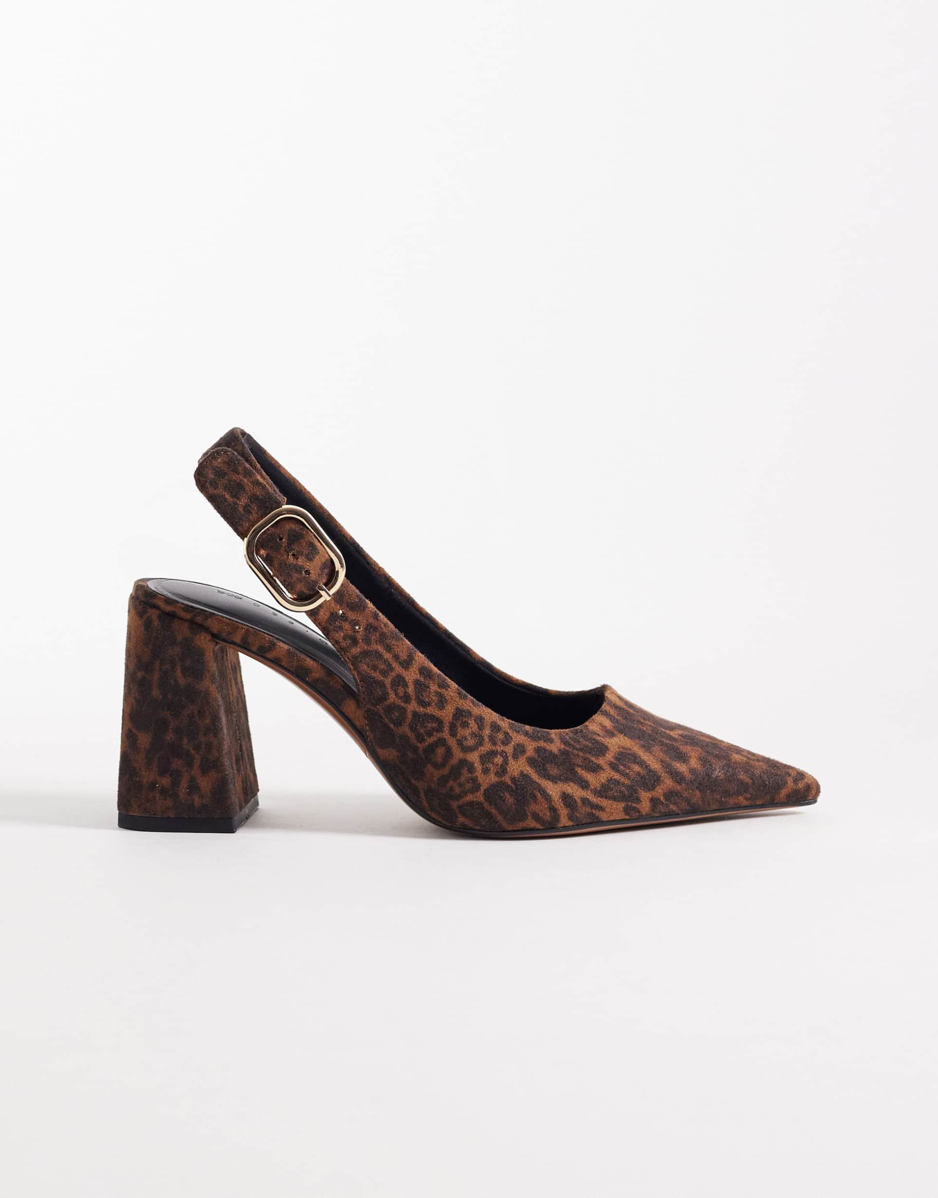 asos design wide fit surrey high block heel slingback pumps in leopard suedette