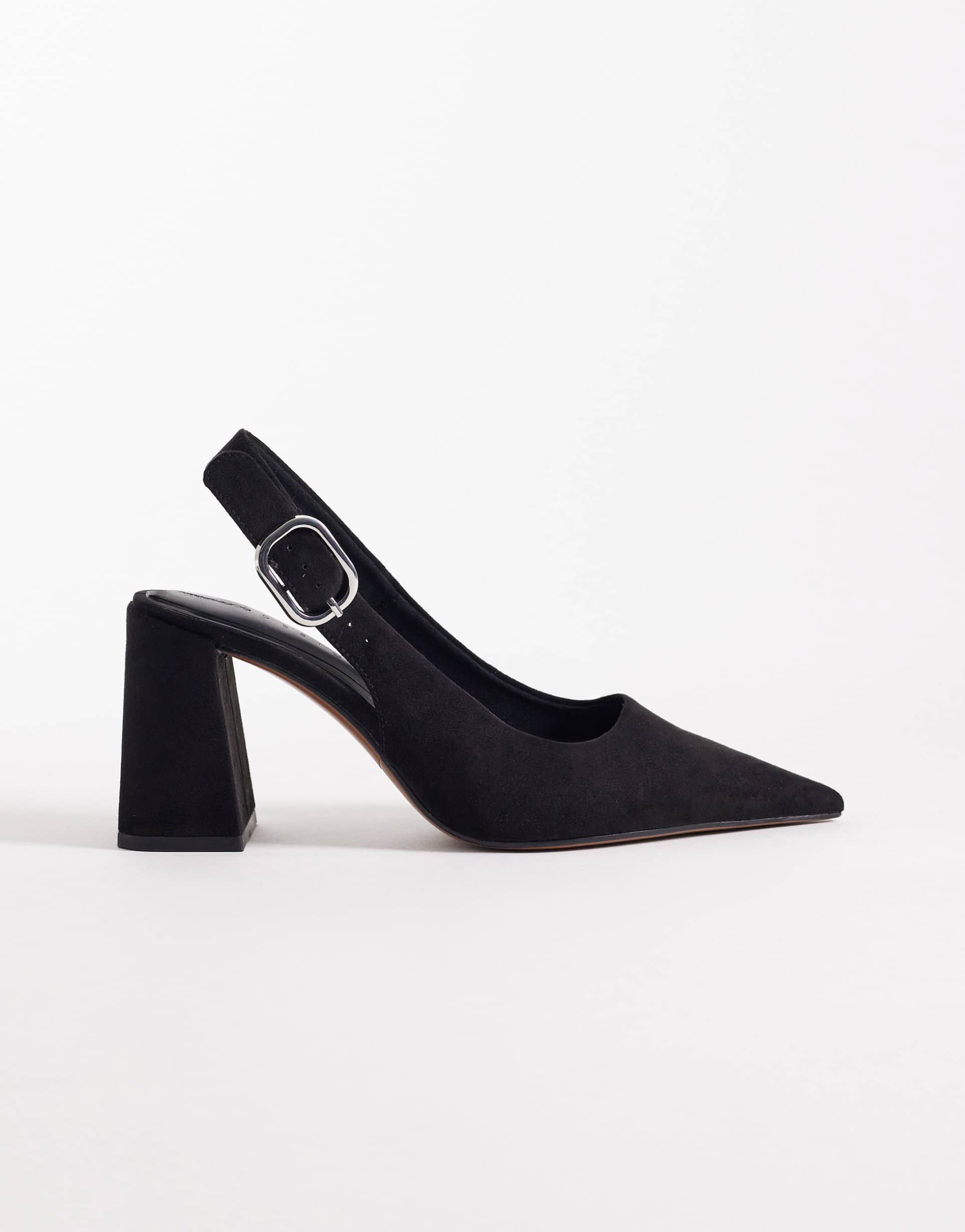 asos design wide fit surrey high block heeled slingback pumps in black suedette