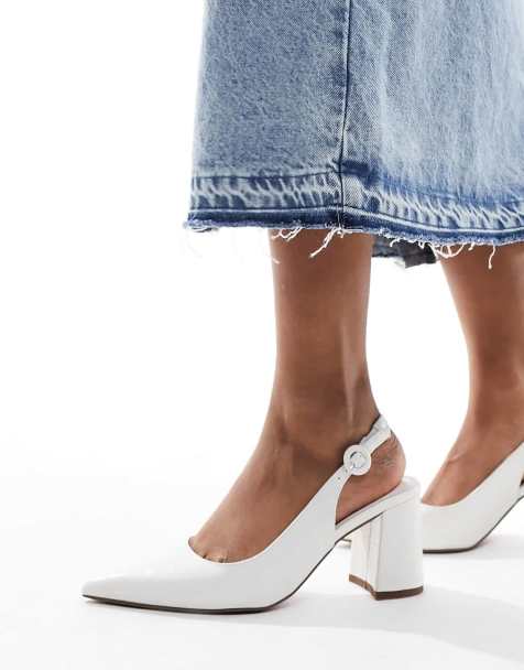 ASOS DESIGN Wide Fit – Sutton – Vita, krokodilskinnsmönstrade, halvhöga klackskor med hälrem - view 1