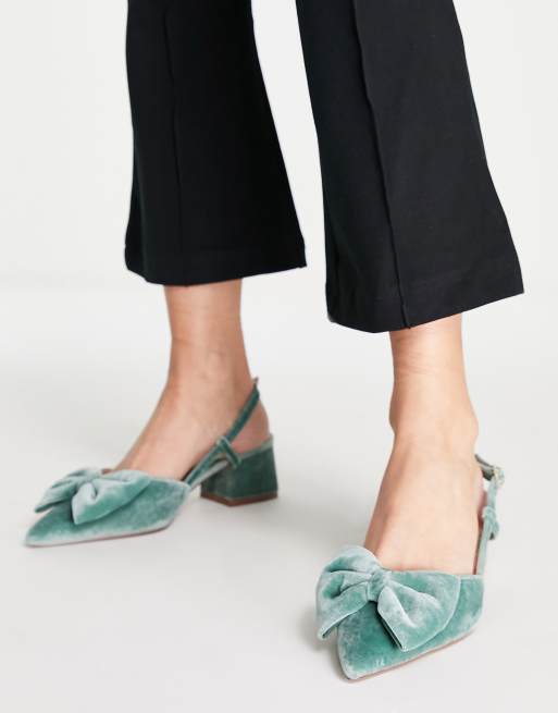 ASOS DESIGN Wide Fit Suzy bow slingback mid heeled shoes in green velvet