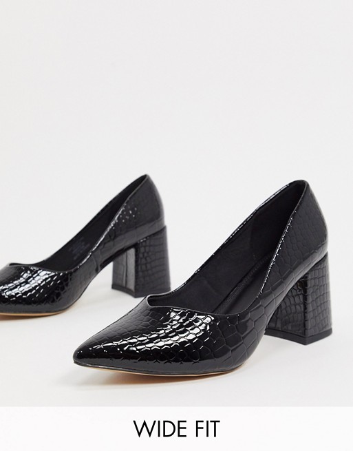 ASOS DESIGN Wide Fit Switch mid heeled court shoes in black croc