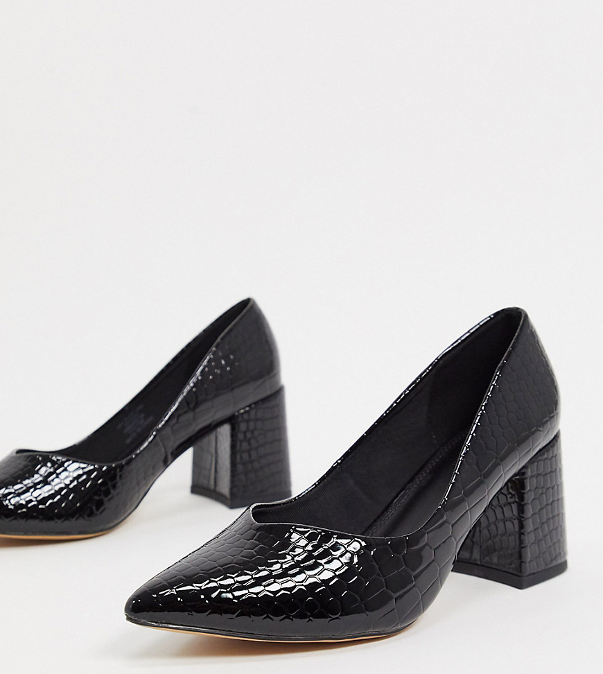 ASOS DESIGN Wide Fit Switch mid heeled pumps in black croc