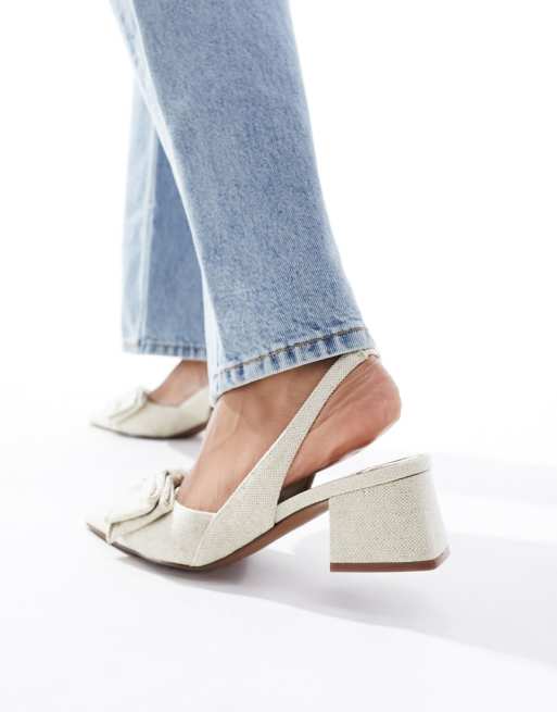 ASOS DESIGN Wide Fit Symphony bow slingback mid block heeled shoes in natural fabrication, 3 of 4