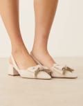 [ASOS DESIGN Wide Fit] ASOS DESIGN Wide Fit Symphony bow slingback mid block heeled shoes in natural-Neutral 10 NATURAL
