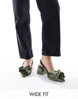 Asos Design Wide Fit Symphony Bow Slingback Mid Block Heeled Shoes In Sage Green Velvet