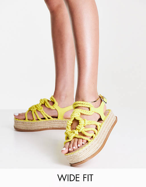 ASOS DESIGN Wide Fit Tape rope detail flatform sandals in lemon