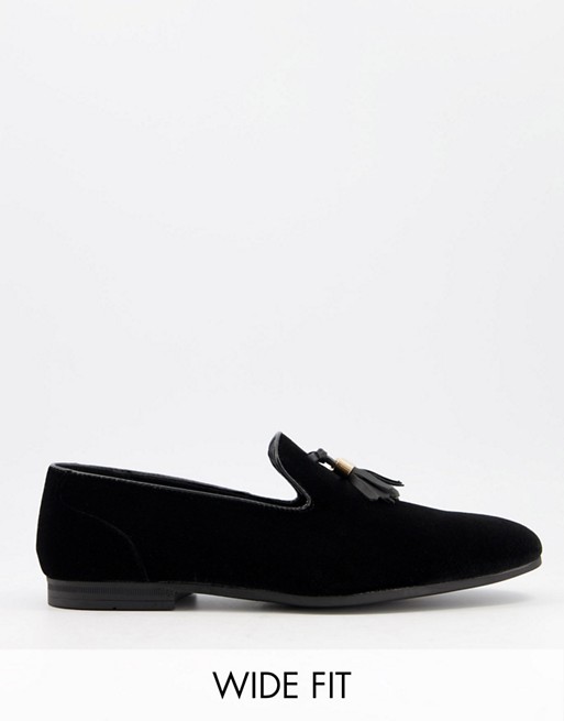 ASOS DESIGN Wide Fit tassel loafers in black faux velvet