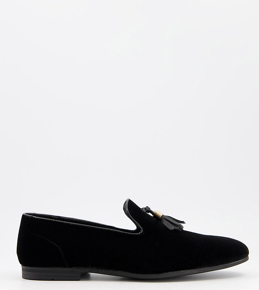 ASOS DESIGN Wide Fit tassel loafers in black faux velvet