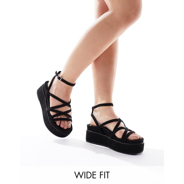 ASOS Design Wide Fit Taurus 2 Strappy Flatform Sandals in Black