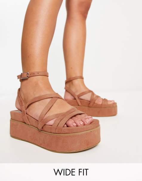 ASOS DESIGN Wide Fit Taurus strappy flatform sandals in beige - view 1