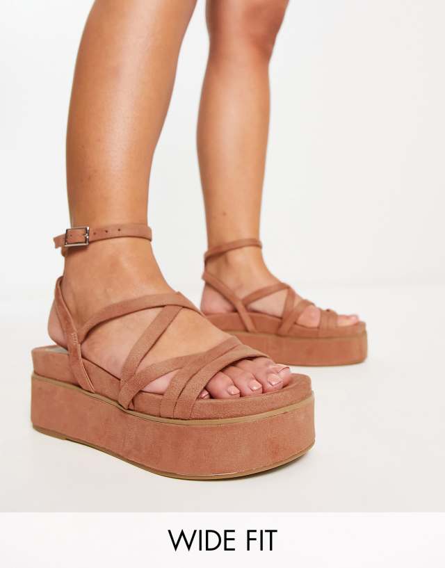 ASOS DESIGN Wide Fit Taurus strappy flatform sandals in beige