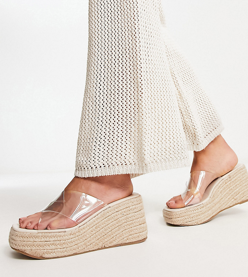 Shop Asos Design Wide Fit Teddy 2 Cross Strap Wedges In Clear