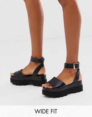 ASOS DESIGN Wide Fit Temple leather flatform sandals in black