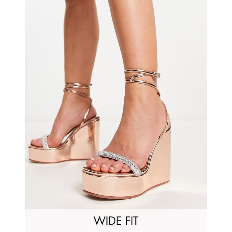 ASOS DESIGN Wide Fit Teoni embellished wedges in rose gold