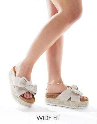 Asos Design Wide Fit Thankful Bow Detail Flatform Sandals In Natural Fabrication-neutral