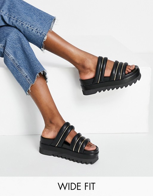 ASOS DESIGN Wide Fit Thea padded flatform mules in black