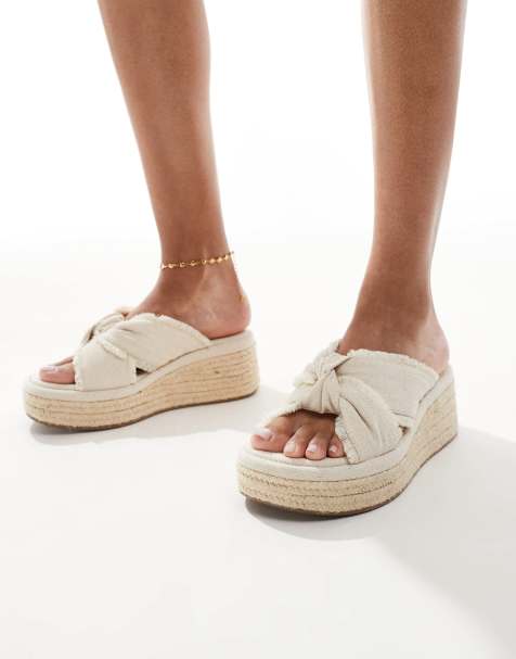 ASOS DESIGN Wide Fit Thoughtful knot detail flatform mules in natural - view 1