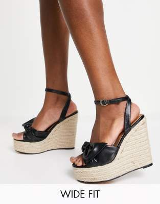 ASOS DESIGN Wide Fit Tier bow espadrille wedges in black | ASOS