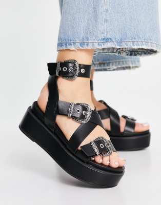 asos design tabitha chunky flatform sandals in black